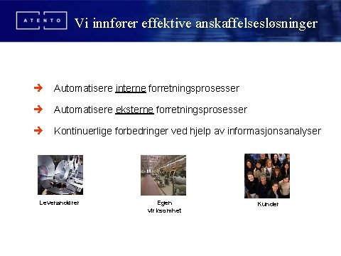 Vi innfører effektive anskaffelsesløsninger è Automatisere interne forretningsprosesser è Automatisere eksterne forretningsprosesser è Kontinuerlige