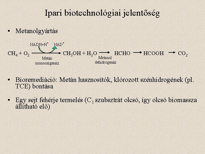 Ipari biotechnológiai jelentőség • Metanolgyártás NADH+H+ CH 4 + O 2 NAD+ Metán monooxigenáz