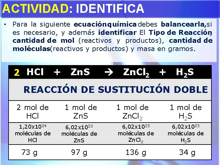 ACTIVIDAD: IDENTIFICA • Para la siguiente ecuación química debes balancearla, si es necesario, y