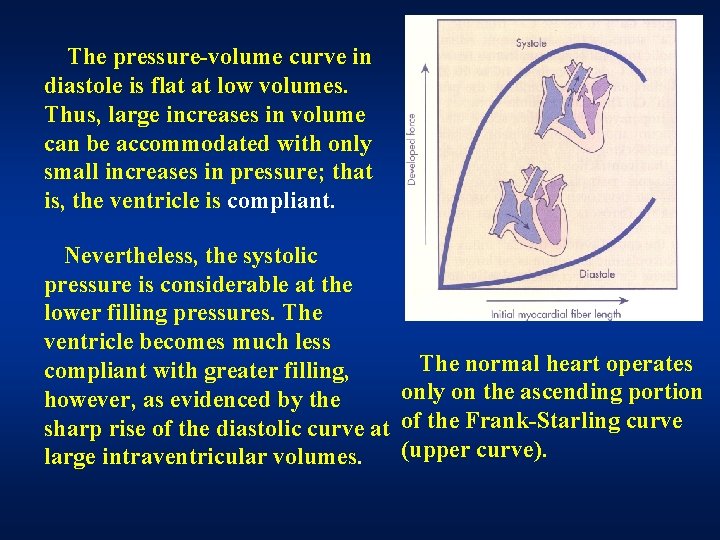 The pressure-volume curve in diastole is flat at low volumes. Thus, large increases in The pressure-volume curve in diastole is flat at low volumes. Thus, large increases in