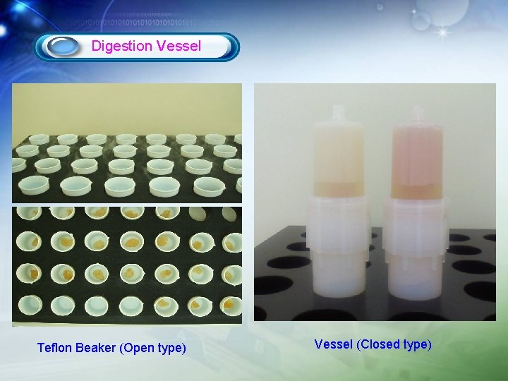 Digestion Vessel Teflon Beaker (Open type) Vessel (Closed type) 