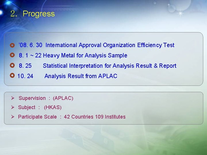 2. Progress ’ 08. 6. 30 International Approval Organization Efficiency Test 8. 1 ~