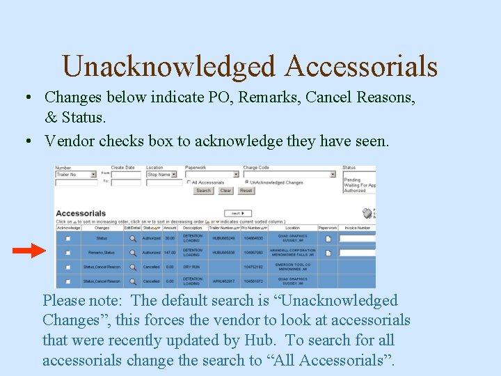 Unacknowledged Accessorials • Changes below indicate PO, Remarks, Cancel Reasons, & Status. • Vendor