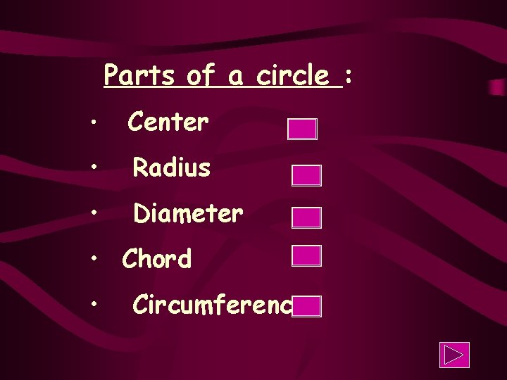 Parts of a circle : • Center • Radius • Diameter • Chord •