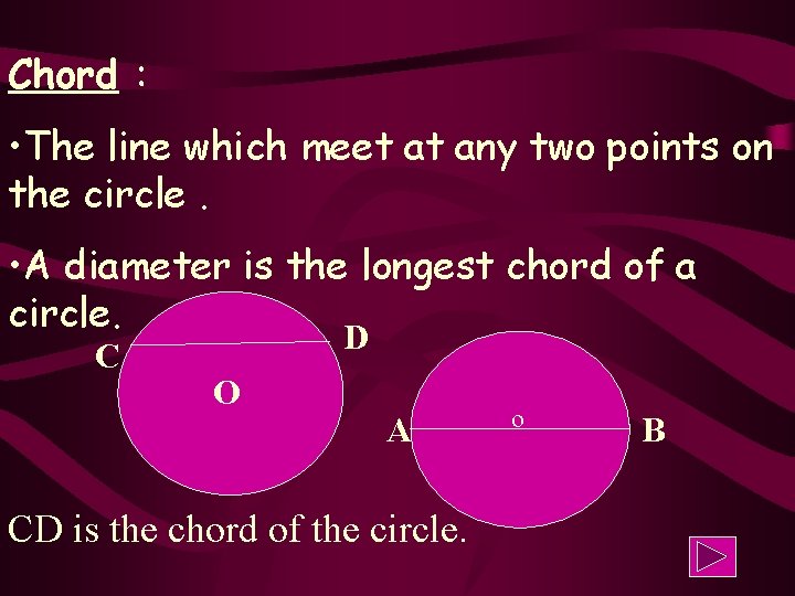Chord : • The line which meet at any two points on the circle.