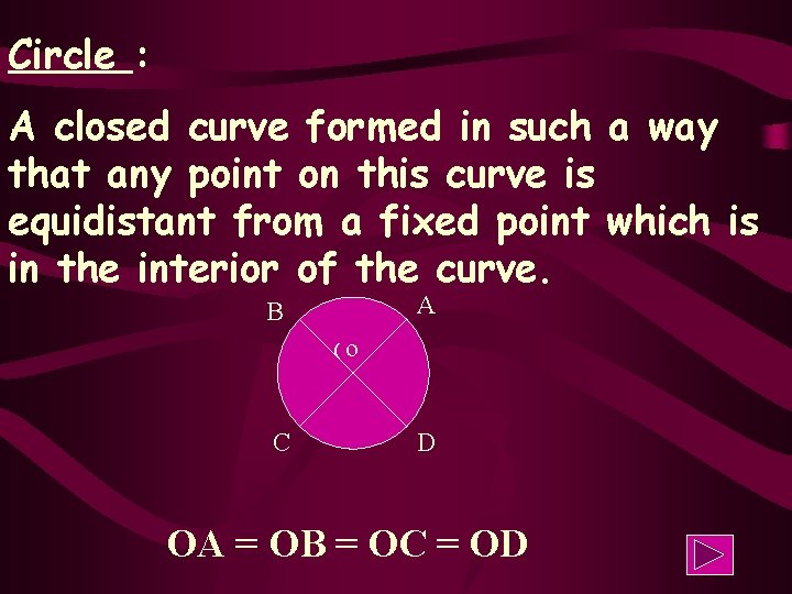 Circle : A closed curve formed in such a way that any point on