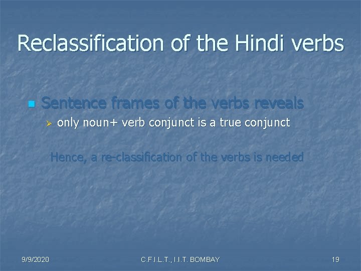 Reclassification of the Hindi verbs n Sentence frames of the verbs reveals Ø only