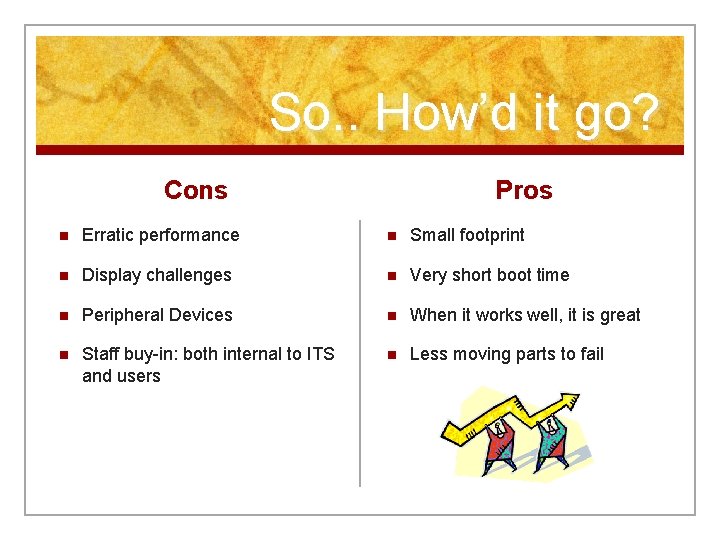 So. . How’d it go? Cons Pros n Erratic performance n Small footprint n