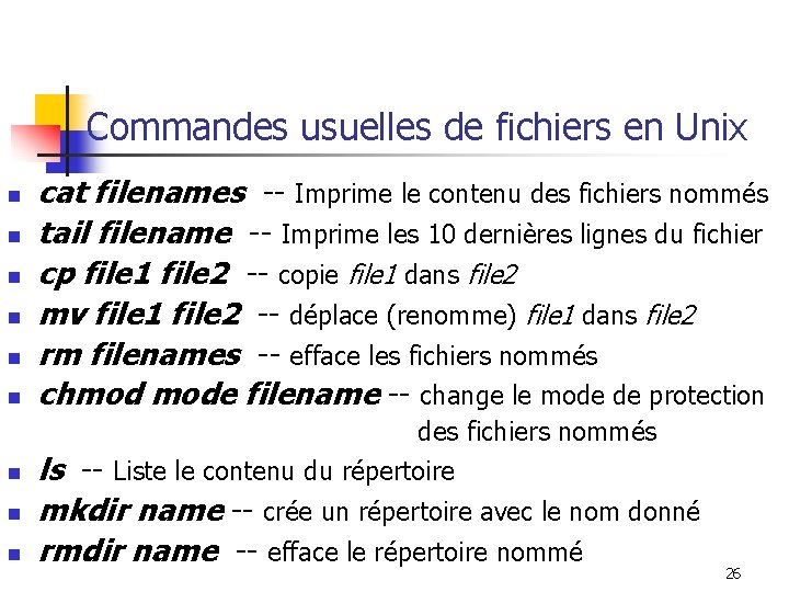 Commandes usuelles de fichiers en Unix n n n cat filenames -- Imprime le