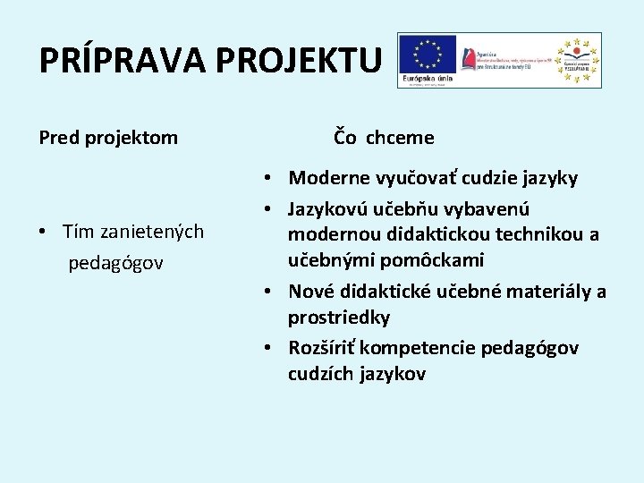 PRÍPRAVA PROJEKTU Pred projektom • Tím zanietených pedagógov Čo chceme • Moderne vyučovať cudzie