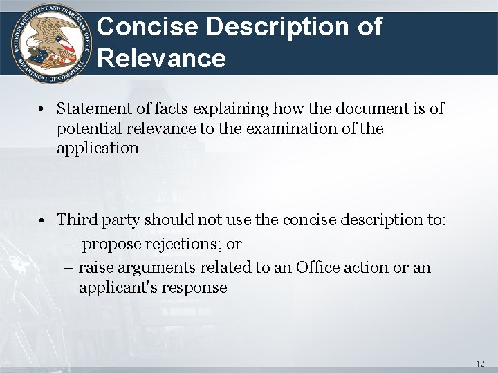 Concise Description of Relevance • Statement of facts explaining how the document is of