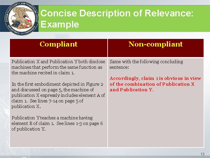 Concise Description of Relevance: Example Compliant Non-compliant Publication X and Publication Y both disclose