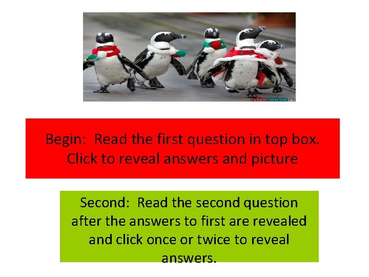 Begin: Read the first question in top box. Click to reveal answers and picture