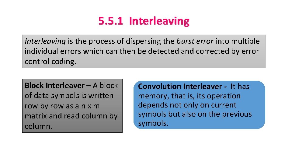 5. 5. 1 Interleaving is the process of dispersing the burst error into multiple