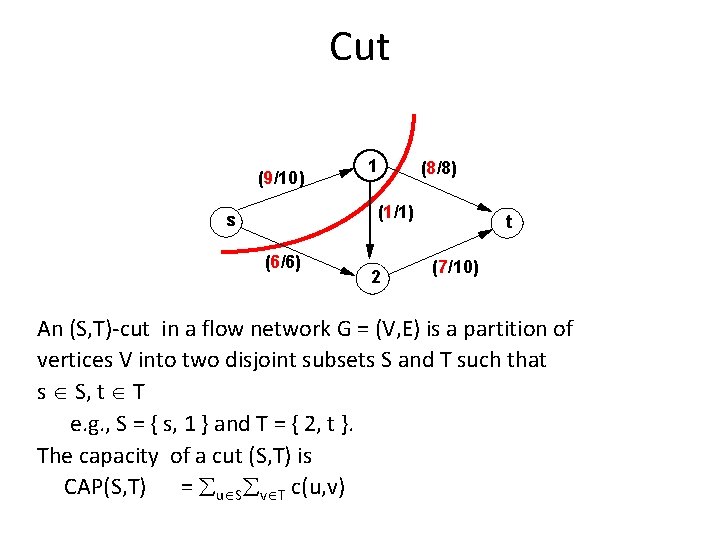 Cut (9/10) 1 (8/8) (1/1) s (6/6) 2 t (7/10) An (S, T)-cut in