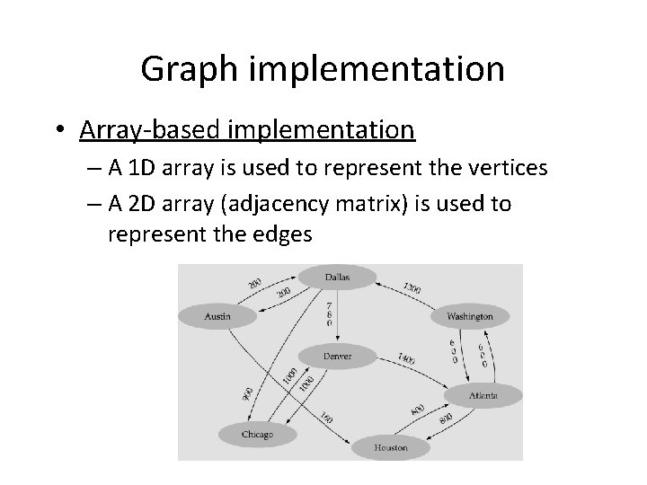 Graph implementation • Array-based implementation – A 1 D array is used to represent