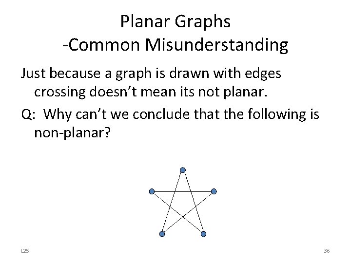 Planar Graphs -Common Misunderstanding Just because a graph is drawn with edges crossing doesn’t