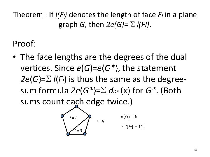 Theorem : If l(Fi) denotes the length of face Fi in a plane graph Theorem : If l(Fi) denotes the length of face Fi in a plane graph