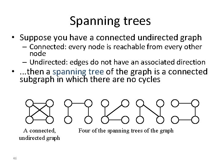 Spanning trees • Suppose you have a connected undirected graph – Connected: every node