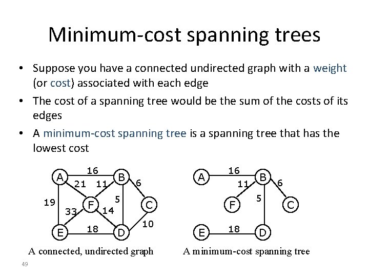 Minimum-cost spanning trees • Suppose you have a connected undirected graph with a weight