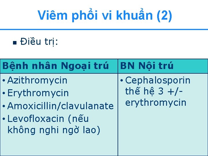 Viêm phổi vi khuẩn (2) n Điều trị: Bệnh nhân Ngoại trú BN Nội
