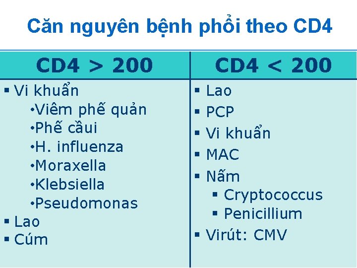 Căn nguyên bệnh phổi theo CD 4 > 200 § Vi khuẩn • Viêm
