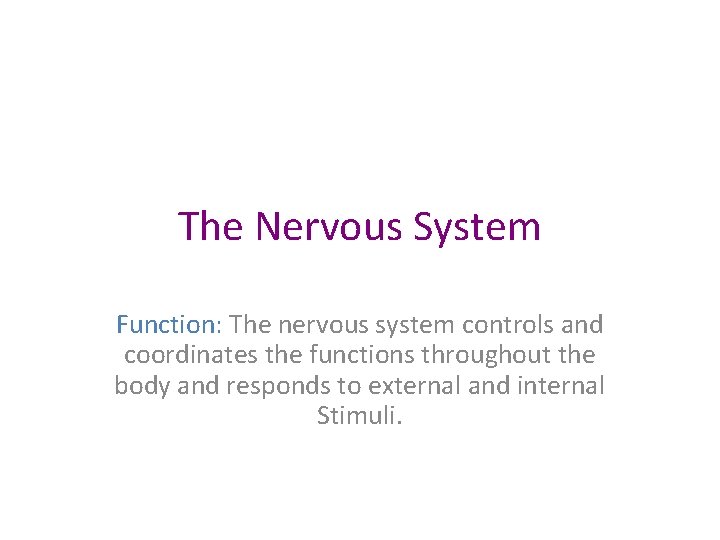 The Nervous System Function: The nervous system controls and coordinates the functions throughout the