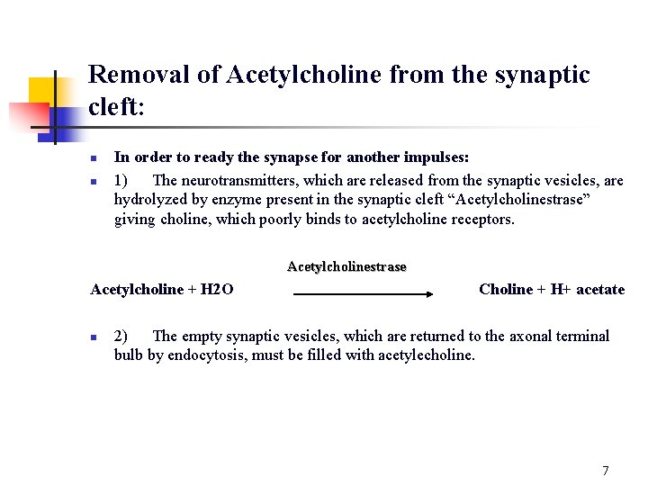 Removal of Acetylcholine from the synaptic cleft: n n In order to ready the