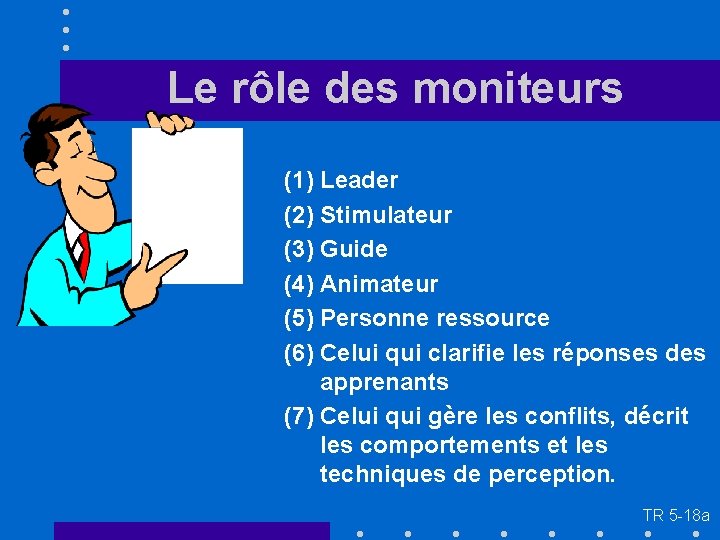 Le rôle des moniteurs (1) Leader (2) Stimulateur (3) Guide (4) Animateur (5) Personne