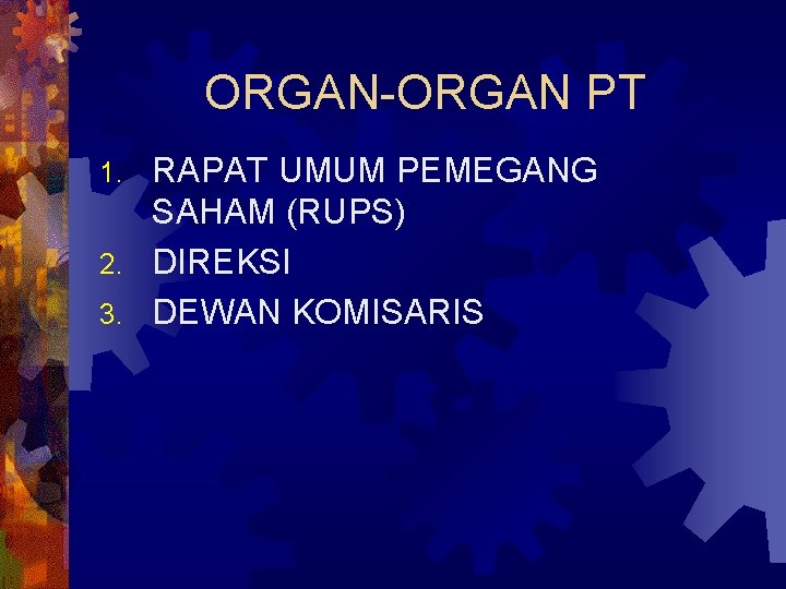 ORGAN-ORGAN PT RAPAT UMUM PEMEGANG SAHAM (RUPS) 2. DIREKSI 3. DEWAN KOMISARIS 1. 
