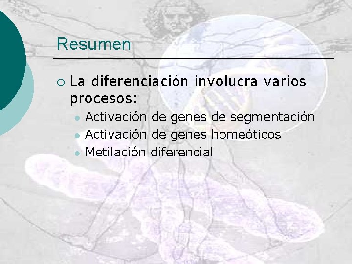 Resumen ¡ La diferenciación involucra varios procesos: l l l Activación de genes de