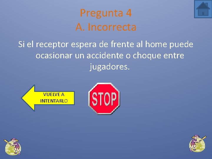Pregunta 4 A. Incorrecta Si el receptor espera de frente al home puede ocasionar