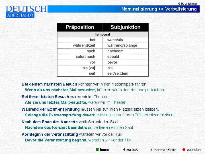 © H. Witzlinger Nominalisierung <> Verbalisierung Bei deinem nächsten Besuch könnten wir in den