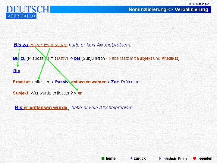 © H. Witzlinger Nominalisierung <> Verbalisierung Bis zu seiner Entlassung hatte er kein Alkoholproblem.