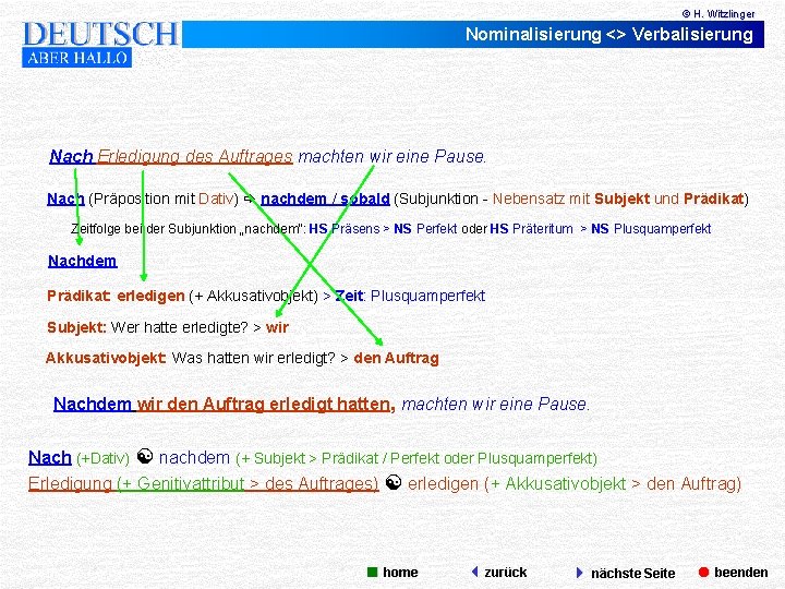 © H. Witzlinger Nominalisierung <> Verbalisierung Nach Erledigung des Auftrages machten wir eine Pause.