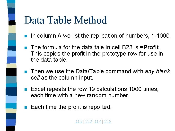 Data Table Method n In column A we list the replication of numbers, 1