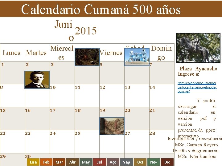Calendario Cumaná 500 años Juni 2015 o Lunes Martes 1 2 8 10 29