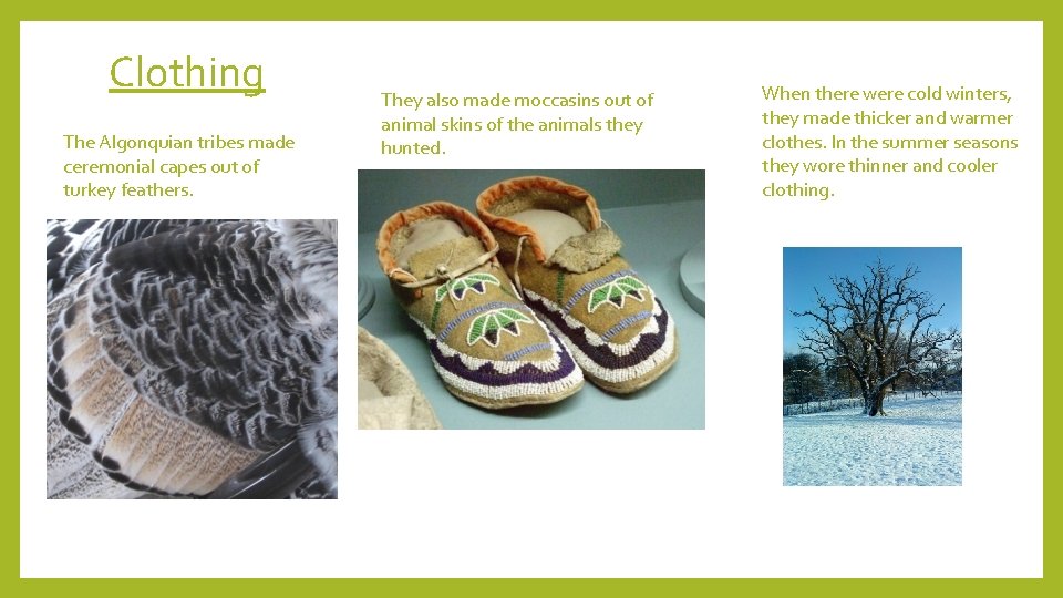 Clothing The Algonquian tribes made ceremonial capes out of turkey feathers. They also made