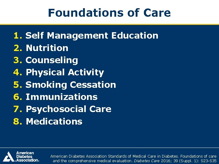 Foundations of Care 1. 2. 3. 4. 5. 6. 7. 8. Self Management Education