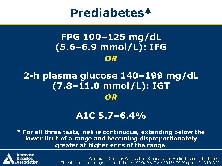 Prediabetes* FPG 100– 125 mg/d. L (5. 6– 6. 9 mmol/L): IFG OR 2