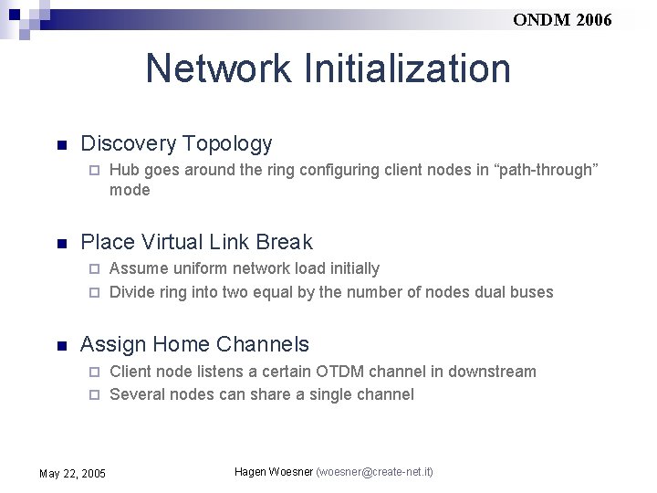 ONDM 2006 Network Initialization n Discovery Topology ¨ n Hub goes around the ring