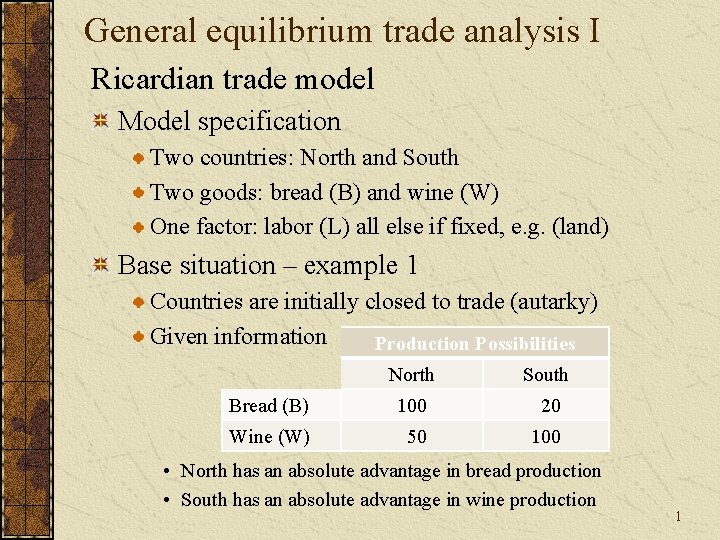 General equilibrium trade analysis I Ricardian trade model Model specification Two countries: North and