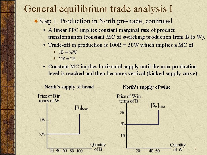 General equilibrium trade analysis I Step 1. Production in North pre-trade, continued • A
