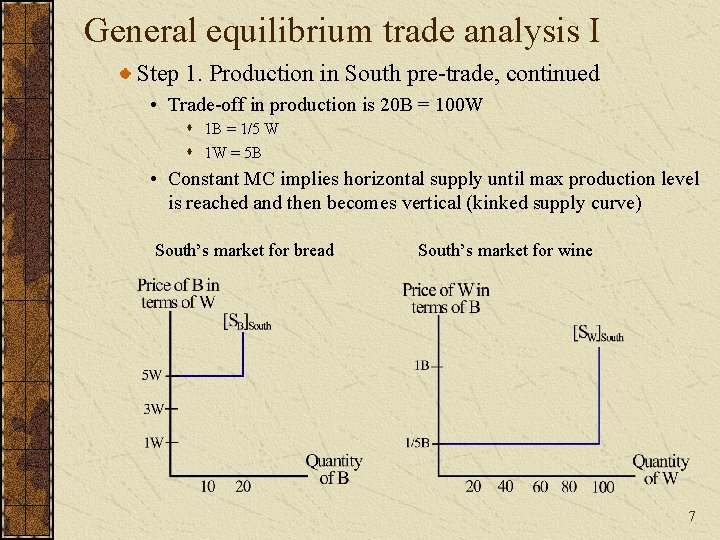 General equilibrium trade analysis I Step 1. Production in South pre-trade, continued • Trade-off