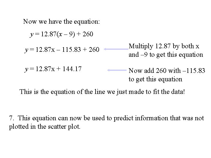 Now we have the equation: y = 12. 87(x – 9) + 260 y