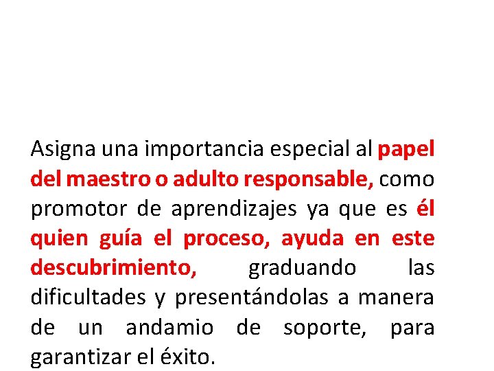 Asigna una importancia especial al papel del maestro o adulto responsable, como promotor de