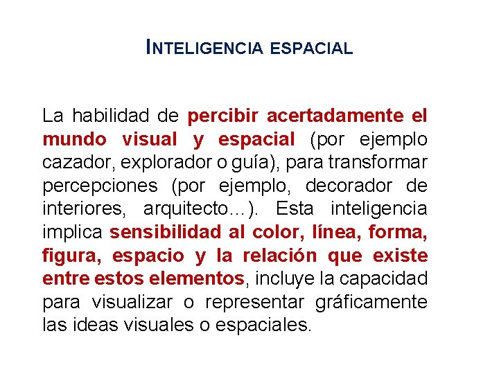 INTELIGENCIA ESPACIAL La habilidad de percibir acertadamente el mundo visual y espacial (por ejemplo INTELIGENCIA ESPACIAL La habilidad de percibir acertadamente el mundo visual y espacial (por ejemplo