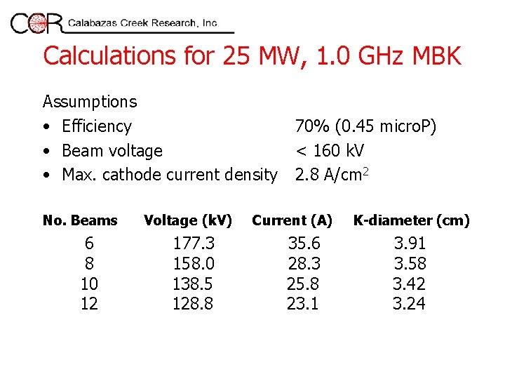 Calculations for 25 MW, 1. 0 GHz MBK Assumptions • Efficiency • Beam voltage