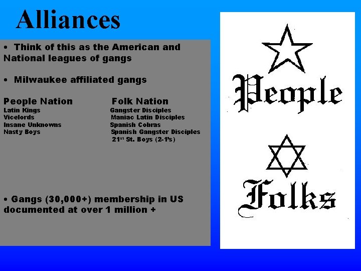 Alliances • Think of this as the American and National leagues of gangs •