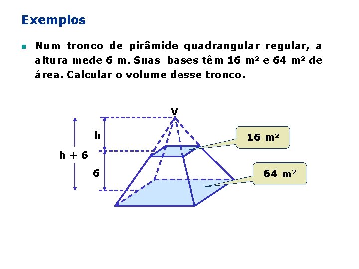 Exemplos n Num tronco de pirâmide quadrangular regular, a altura mede 6 m. Suas